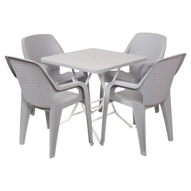 지오리빙 라탄 테이블 사각  팔걸의 의자 4p 세트 고객직접설치, 라이트그레이