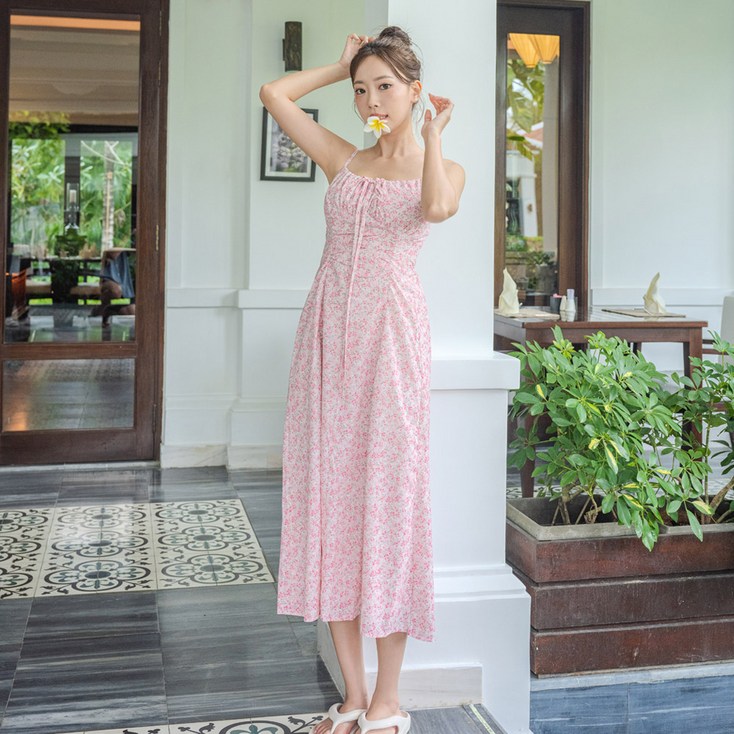헤링본 플라워 셔링 스트랩 나시 휴양지 롱 비치원피스 HI183