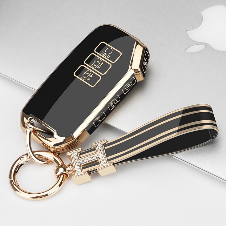 키에티 기아 호환 K8 GL3 셀토스 7버튼 키케이스 H큐빅 키체인, 골드블랙