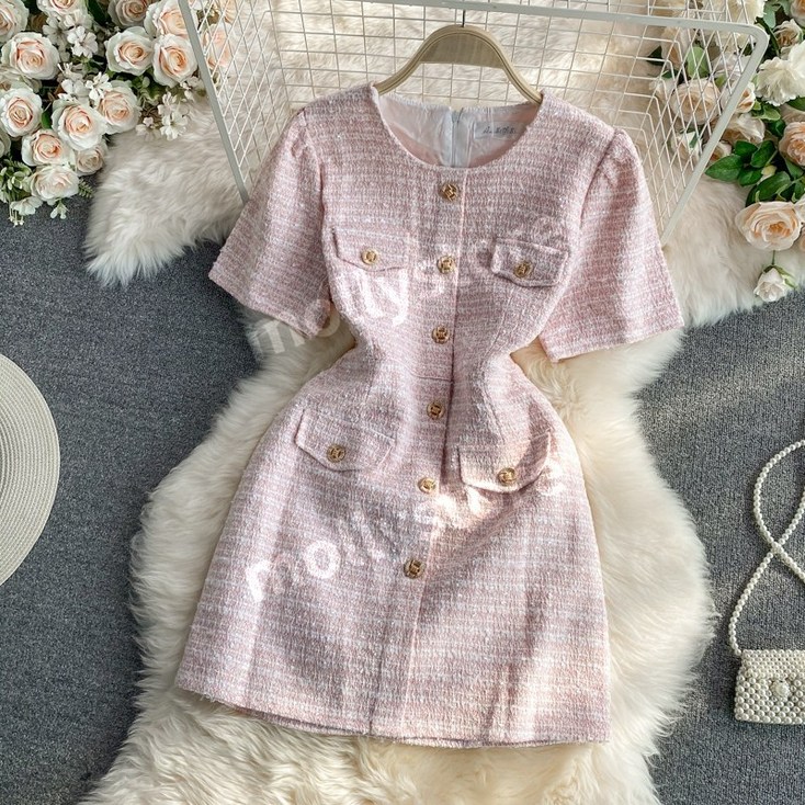 라운드넥 버튼 트위드 반팔 슬림 미니 원피스 여름 하객룩 오피스룩