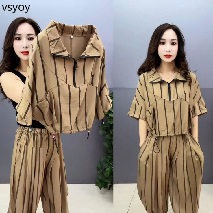 vsyoy 여름 패션 플러스 사이즈 느슨한 슬리밍 반팔 지퍼 여성을위한 최고 2 피스 세트 인쇄 vsyoy 여름 패션 플러스 사이즈 느슨한 슬리밍 반팔 지퍼 여성을위한 최고 2 피스 세트 인쇄