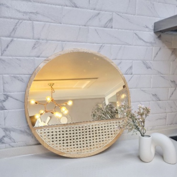 위비뉴 원목 라탄 벽걸이 거울 인테리어 화장대 원형 거울
