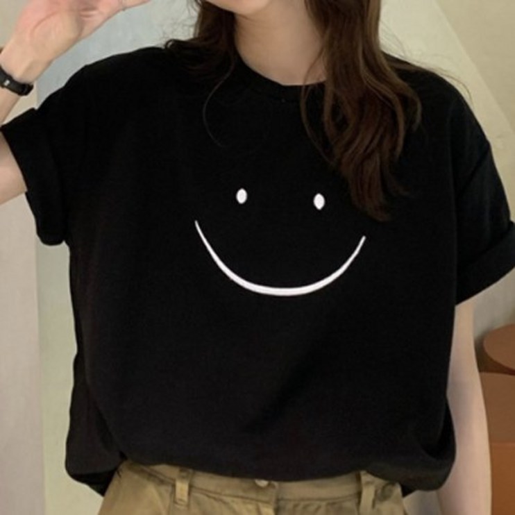 여성용 스마일 이모티콘 기본 심플 반팔 티셔츠 JNH1116 - 투데이밈