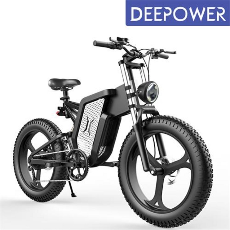 DEEPOWER 1000 48V 30Ah 최신형 MTB 산악 자전거 전기자전거 20인치 팻바이크 7단 변속, 블랙 + 실버