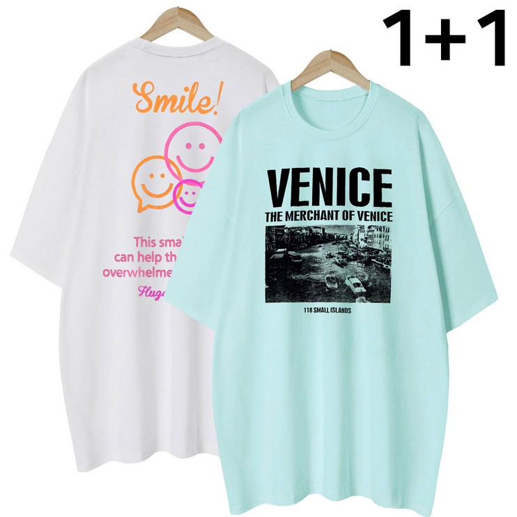엠제이스타 여성 베니 스+이모티콘 여름 반팔 루즈핏 롱 레터링 티셔츠 2장