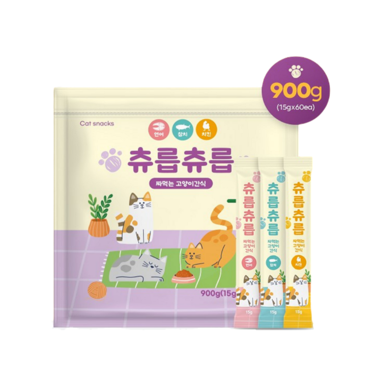 츄릅츄릅 짜먹는 츄르 고양이간식 60스틱 혼합팩 헤어볼케어, 연어치킨참치, 15g, 60개 츄릅츄릅 짜먹는 츄르 고양이간식 60스틱 혼합팩 헤어볼케어, 연어치킨참치, 15g, 60개