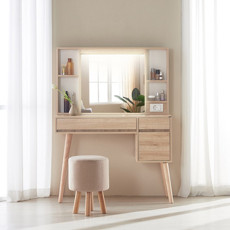 금주의 할인핫딜 파로마 베시 LED 수납서랍 화장대 원목다리화장대 콘솔 거울화장대, 오크