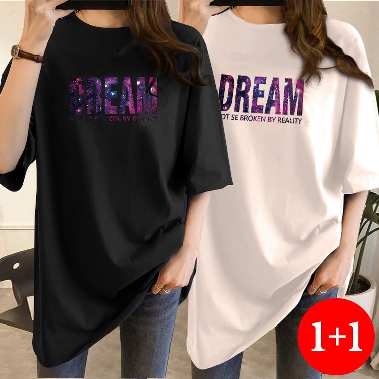 [1+1] 스타일아유 여성용 프린팅 DREAM 빅레터링 오버핏 반팔 티셔츠[AYG6TS455A] - 투데이밈