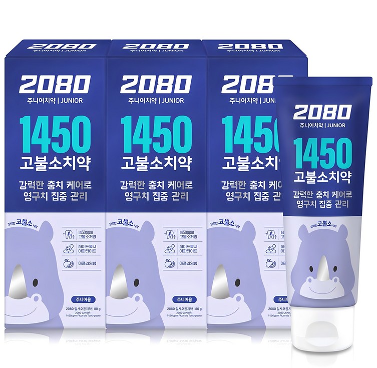 2080 일사오공 고불소 주니어 치약, 80g, 3개