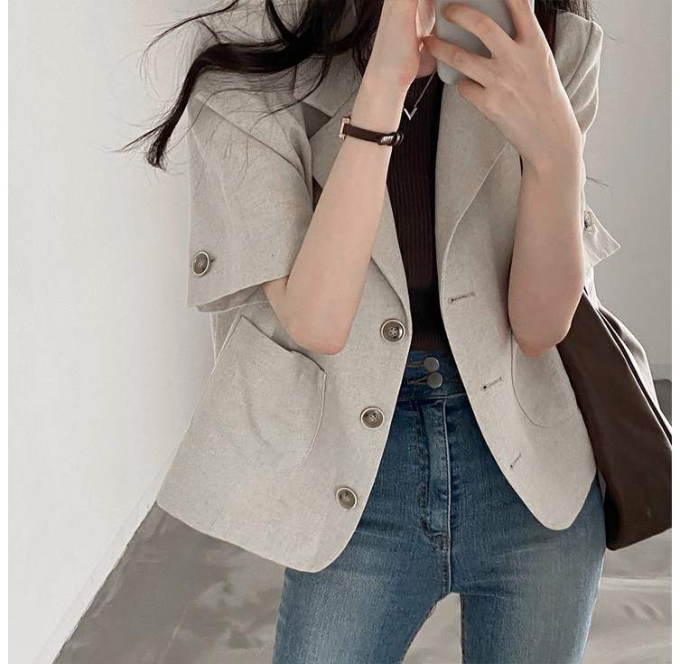 페이퍼먼츠 여성용 더블 카라넥 버튼 반팔 재킷 10726
