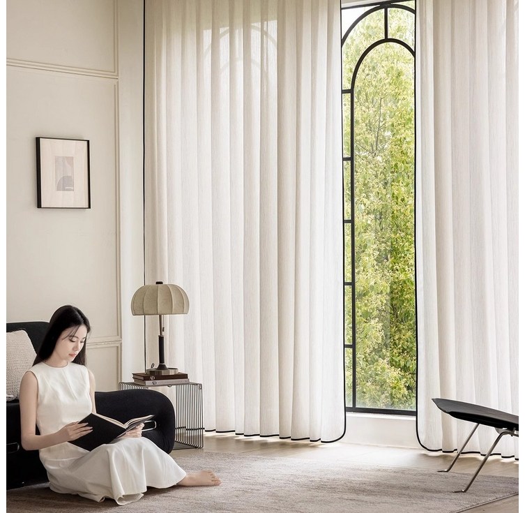 스트라이프 린넨스타일 쉬폰 커튼 2장세트 아일렛형