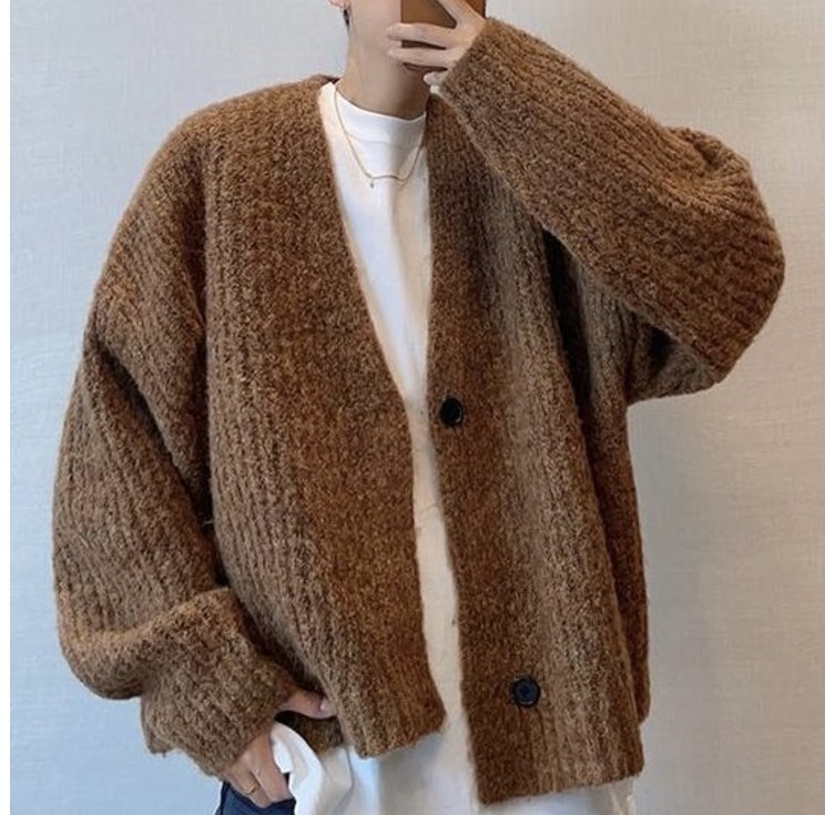 에쥬아 오버핏 니트 가디건 빅사이즈 남녀공용 니트스웨터 캐주얼 커플룩