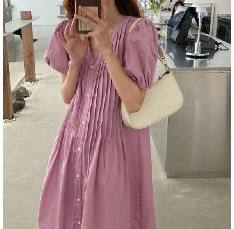 러블리 세로 핀턱 버튼 롱 원피스 3color 린넨 여름 루즈핏 주름 브이넥