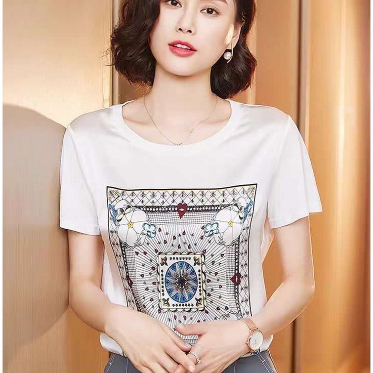 엠에스엠 여성 실크 면 반팔 티셔츠 라운드 흰색 블라우스 실크촉감 반소매티 엠에스엠 여성 실크 면 반팔 티셔츠 라운드 흰색 블라우스 실크촉감 반소매티